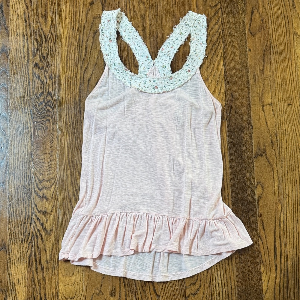 Pink Sleeveless Racerback Tank Top with Ruffle Floral Lace Detail Boho
